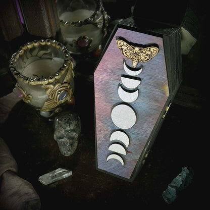 Spooky Gothic Moon Phase Coffin Boxes Hinged; moon phase; deaths head moth; coffin box; treat box; Halloween; gothic; pagan; handmade; Melasdesign; decor