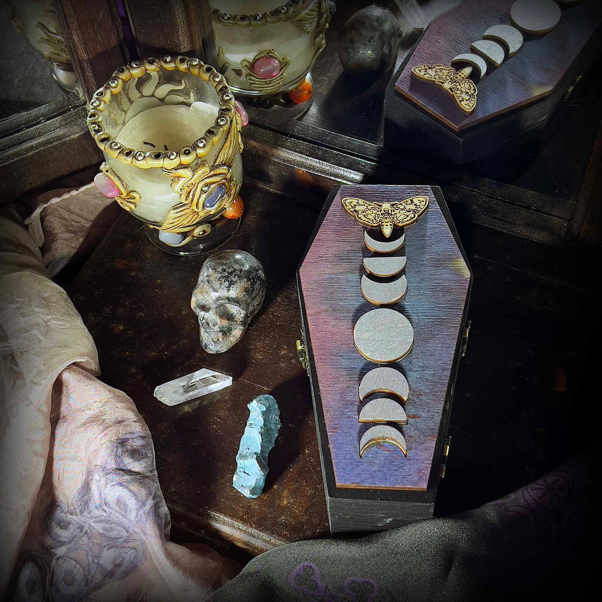 Spooky Gothic Moon Phase Coffin Boxes Hinged; embossed moon phase; deaths head moth; coffin box; treat box; Halloween; gothic; pagan; handmade; Melasdesign; decor