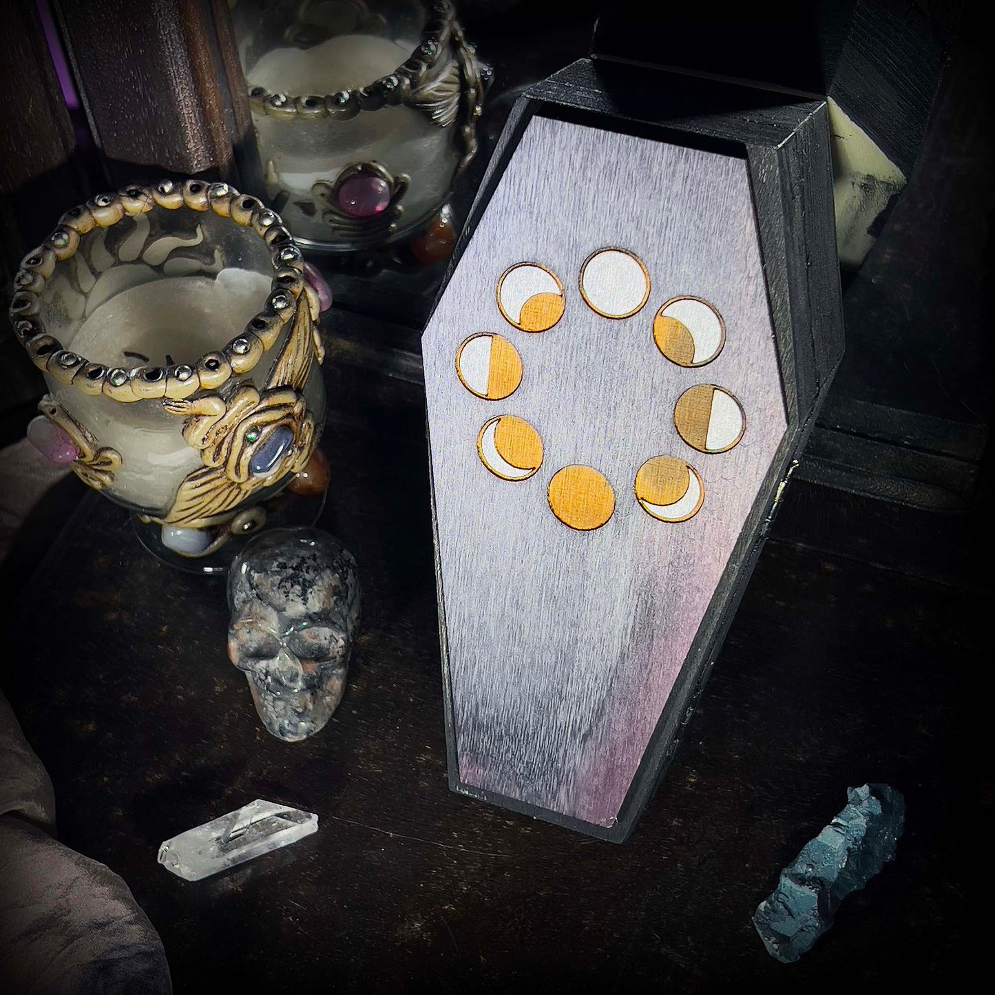 Gothic Witchy Circular Moon Phase Coffin Box Hinged; Melasdesign Handmade; Halloween; gothic; witchy; decor accent; gift; box