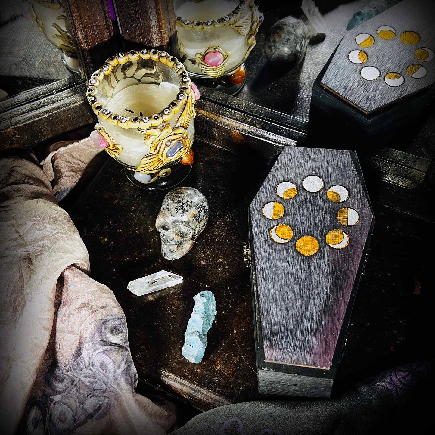 Spooky Gothic Moon Phase Coffin Boxes Hinged; circular moon phase; coffin box; treat box; Halloween; gothic; pagan; handmade; Melasdesign; decor