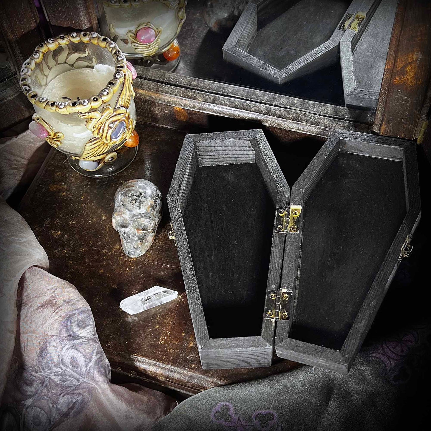 Spooky Gothic Bat Crescent Moon Coffin Boxes Hinged