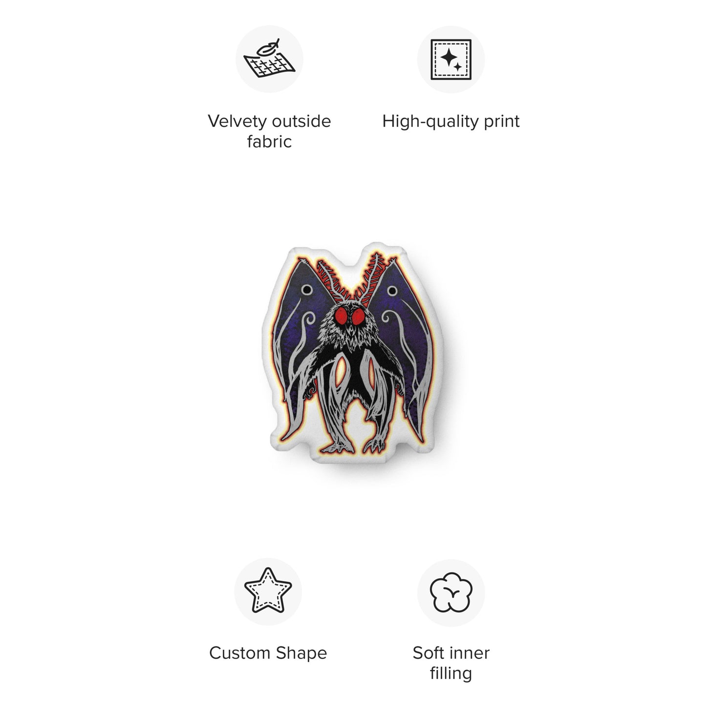 Mothman Shaped Pillow Cryptid WV Decor; 16"; product mockup with specs and Melasdesign logos