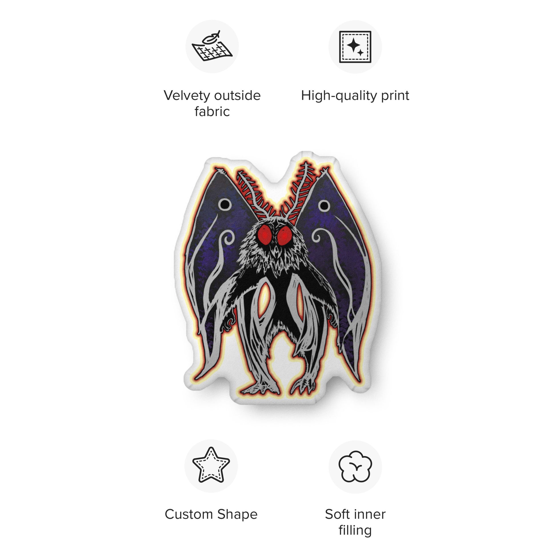 Mothman Shaped Pillow Cryptid WV Decor; 22"; product mockup with specs and Melasdesign logos