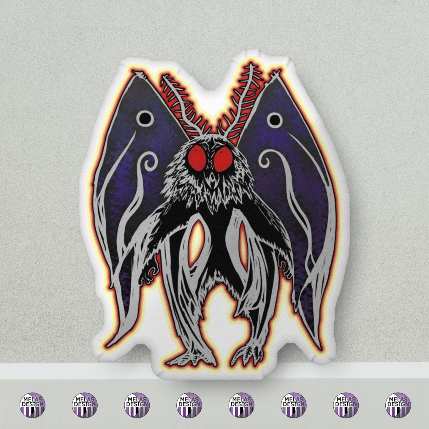 Mothman Shaped Pillow Cryptid WV Decor; 22"; Product mockup against gray with Melasdesign logos