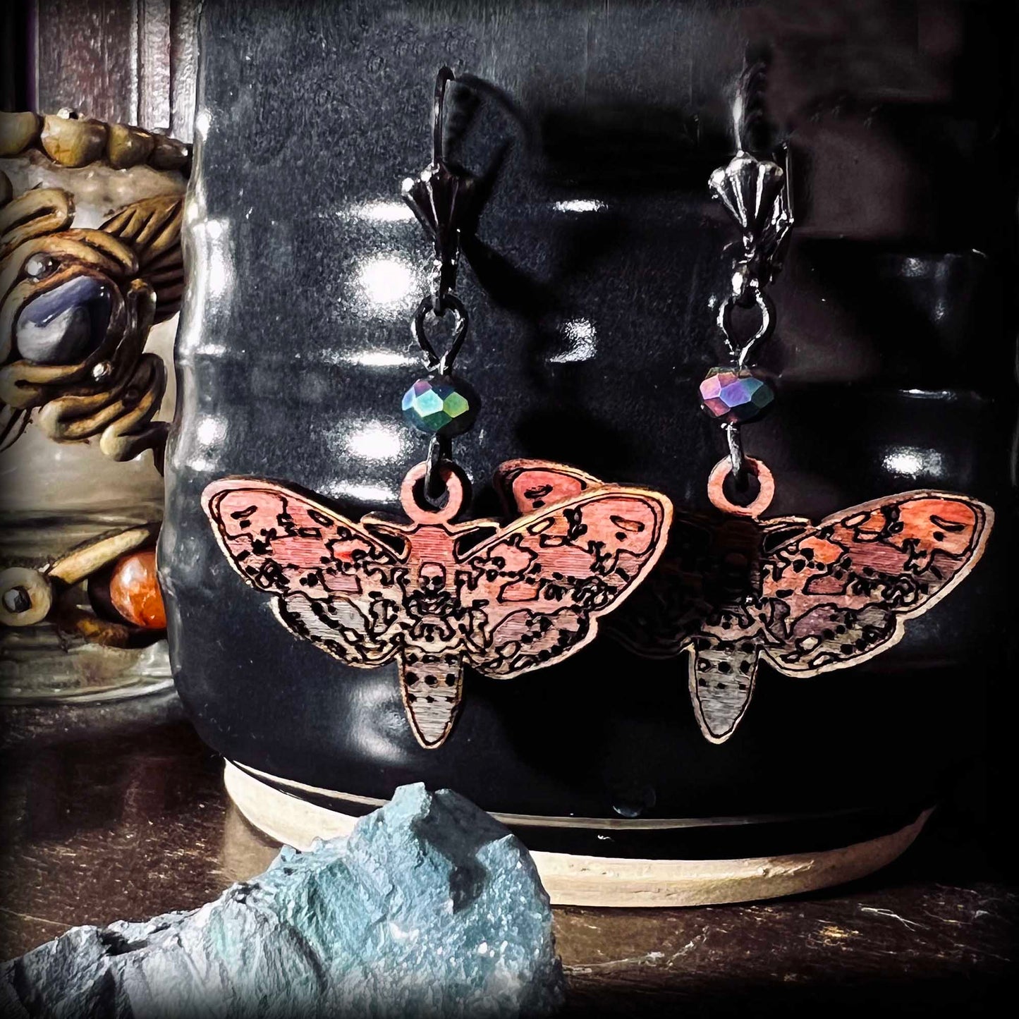 Deaths Head Moth Earrings Alternative Fashion; gothic; alternative; emo; moth; nature; earrings; Melasdesign Handmade; Thomas WV; drop earrings; purple black; witchy; witch aesthetic