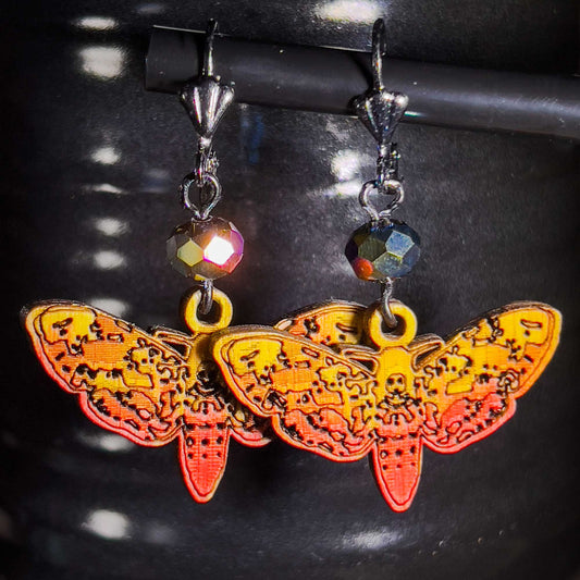 Deaths Head Moth Earrings Yellow Red Ombre; deaths head moth earrings; deaths head moth jewelry; Melasdesign Handmade; gothic; alternative; jewelry; woodcut; Thomas WV