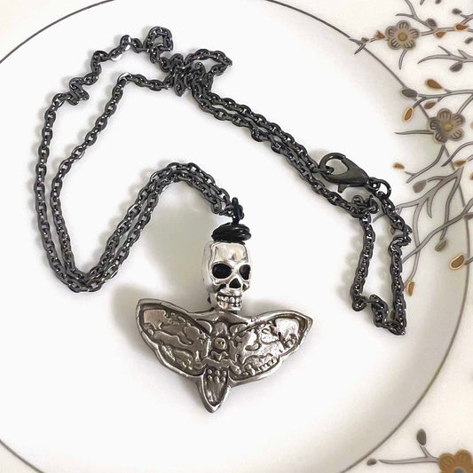 White Copper; Gothic Deaths Head Moth Skull Necklace