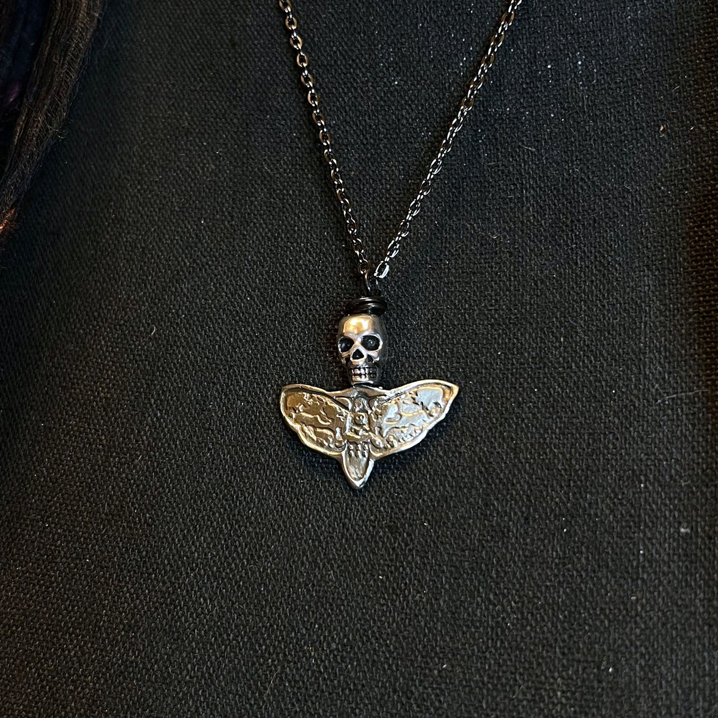 White Copper; Gothic Deaths Head Moth Skull Necklace; witchy shop