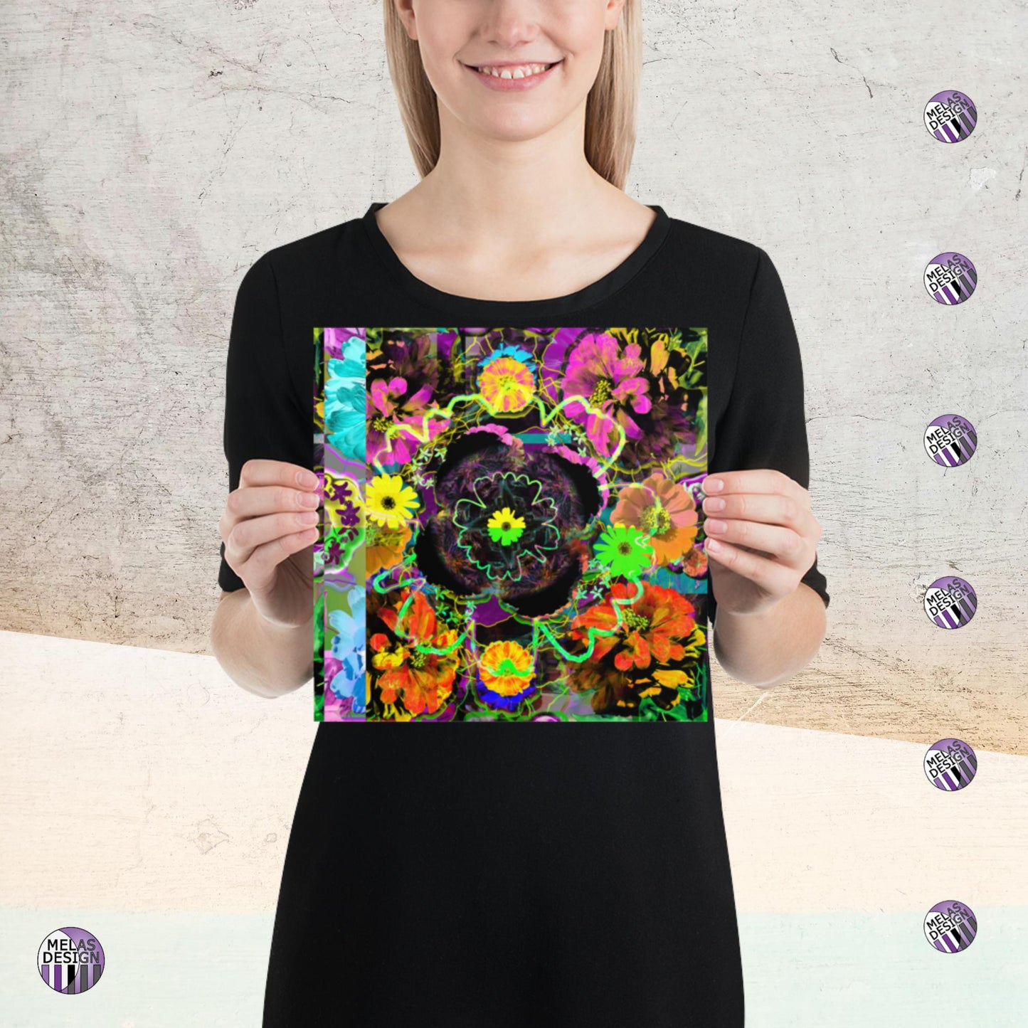 Color Joy Flower Power Abstract Art Print v3; Melasdesign logos and model holding Product mockup; 10x10