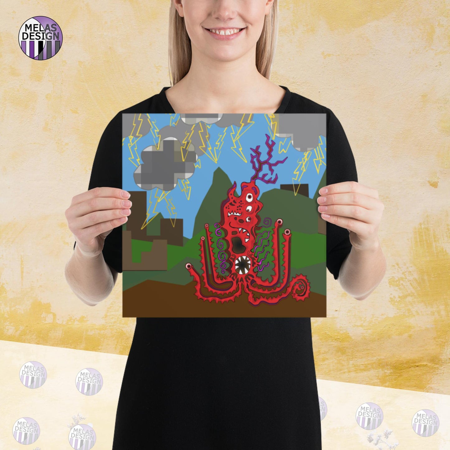 Stormy Red Monster; Art Print; Cryptid; by Mela; Melasdesign; sold by artist; cute; manga; horned monster with many mouths and sharp teeth and tentacles with eyes in thunderstorm; cryptid collection