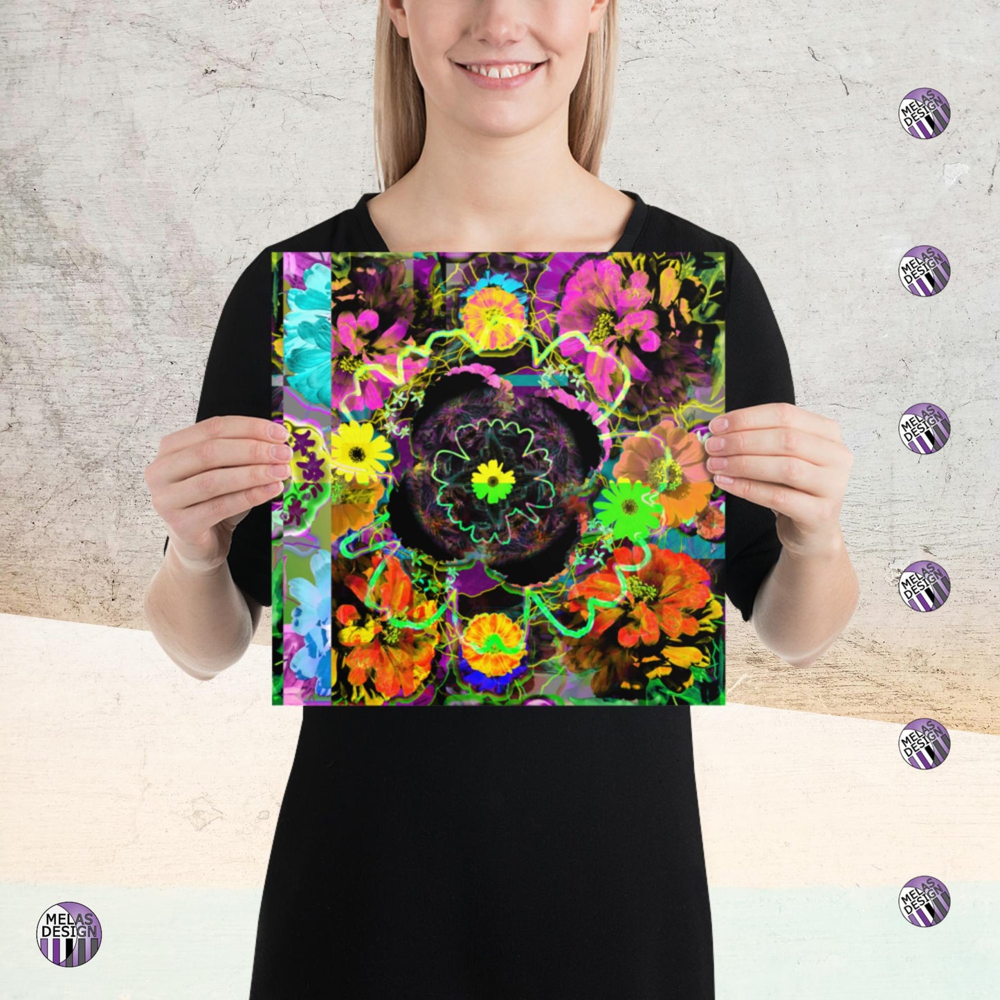 Color Joy Flower Power Abstract Art Print v3; Melasdesign logos and model holding Product mockup; 12x12