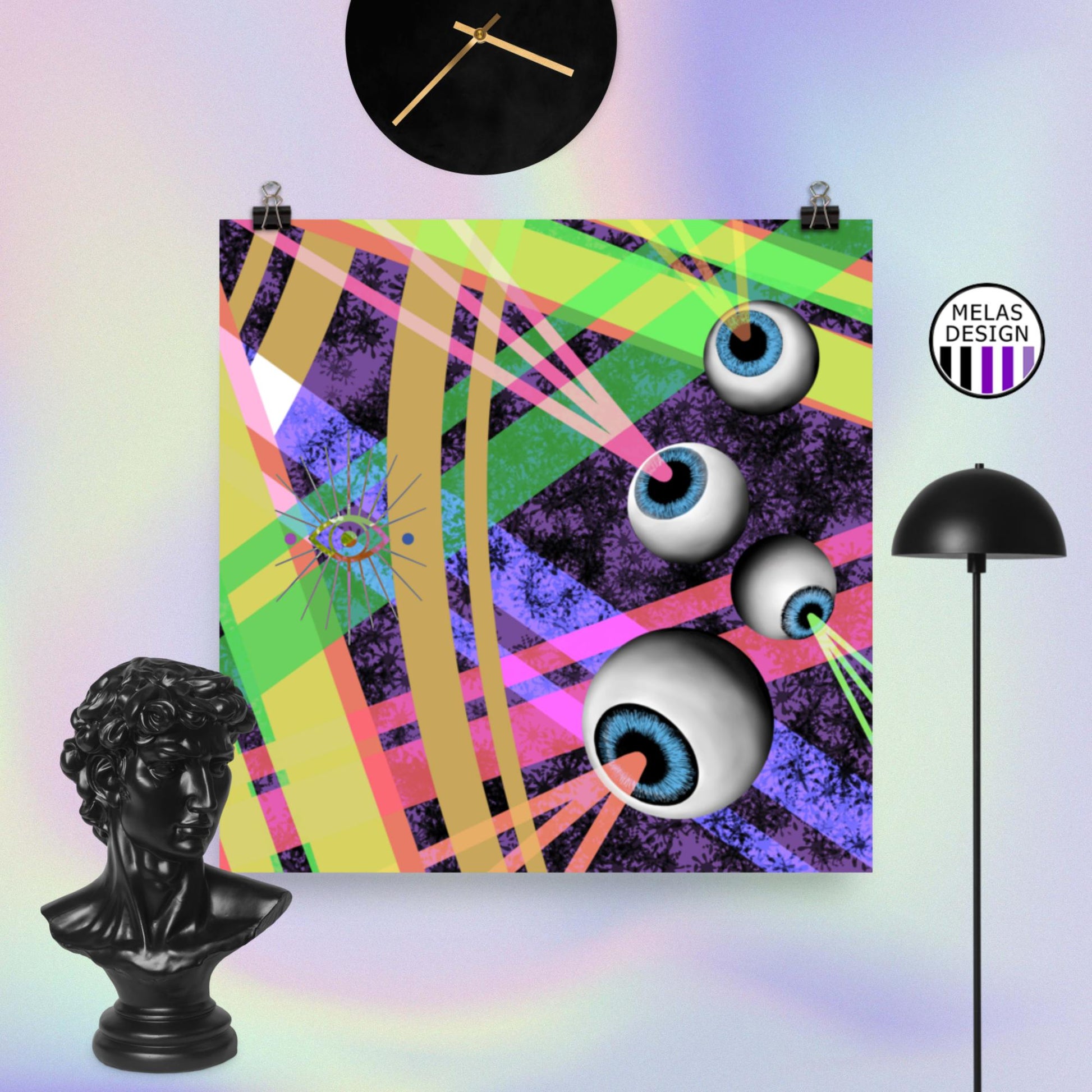 Evil Eye on 2023; art print; poster; Melasdesign; digital art; eyes; eyeballs; rays; colorful; trippy; 