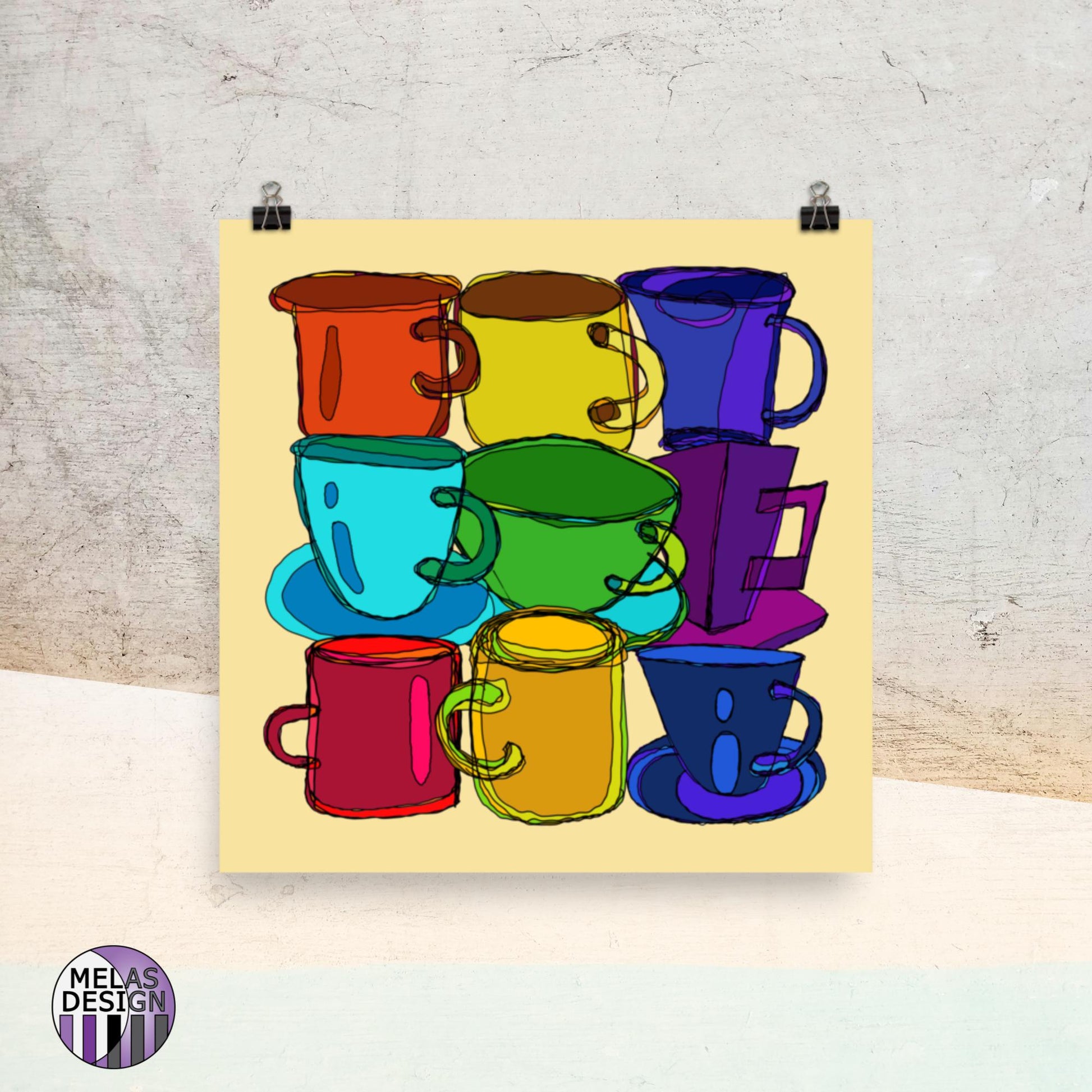 Coffee Mugs and Tea Cups Art Print Colorful Kitchen Art; Melasdesign; artist Susan Hicks; kitchen; cafe; coffee nook; coffee shop; art; drawing; line art; art print; for sale by artist