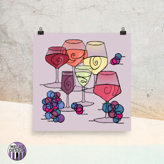 Wine and Grapes Art Print Line Art for Connoisseurs 2; wine; grapes; glasses; drawing; line art; Melasdesign; sold by artist