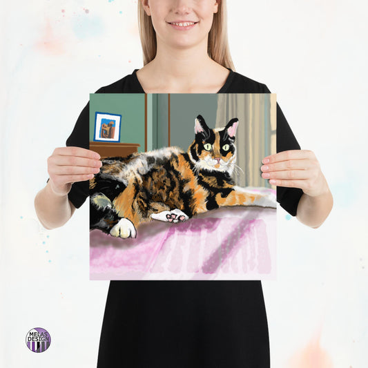 Cali Q Kitten Pet Portrait Art Print; pet portraits; cats; cat; Calico; drawing; art print; sold by artist; Melasdesign; cat on bed