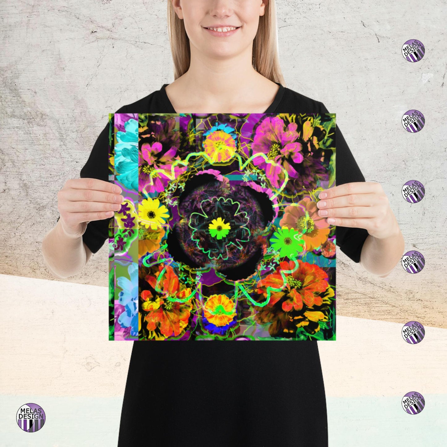 Color Joy Flower Power Abstract Art Print v3; Melasdesign logos and model holding Product mockup; 14x14