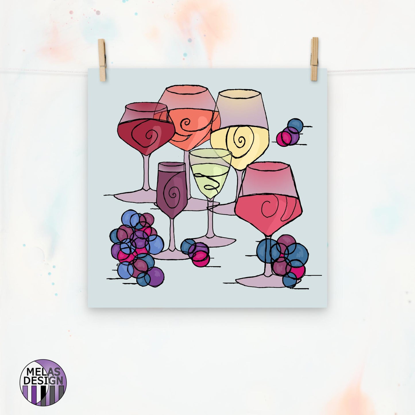 Wine and Grapes Art Print Line Art for Connoisseurs; wine; glasses; grapes; line art; drawing; Melasdesign; Susan Hicks; art for connoisseurs; art print; for sale by artist; Small Business; Thomas WV