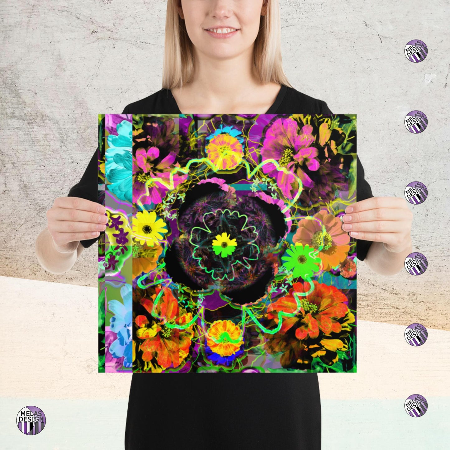 Color Joy Flower Power Abstract Art Print v3; Melasdesign logos and model holding Product mockup; 16x16