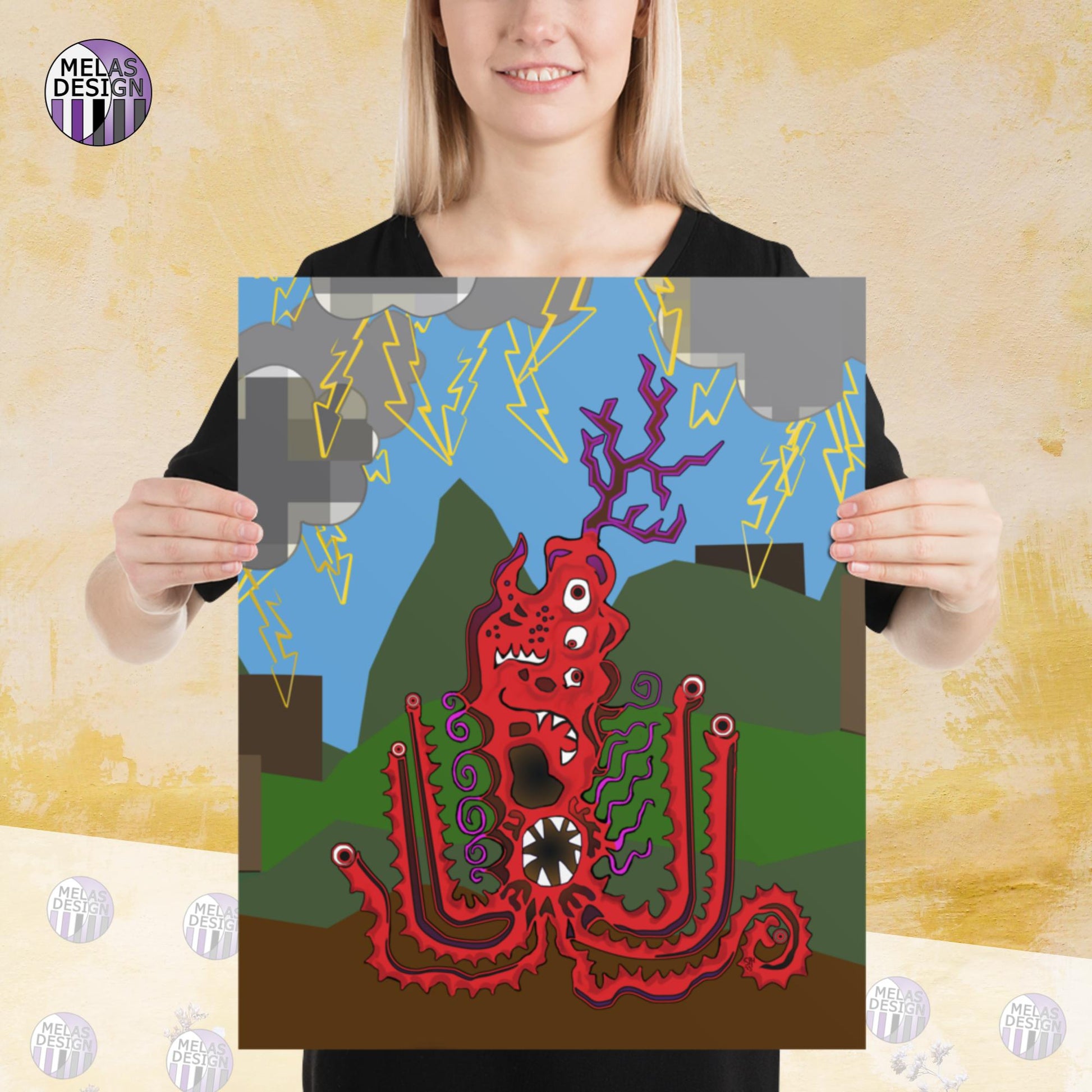 silly; red; horned monster; tentacles with eyes; many mouths; thunderstorm; Melasdesign; sold by artist