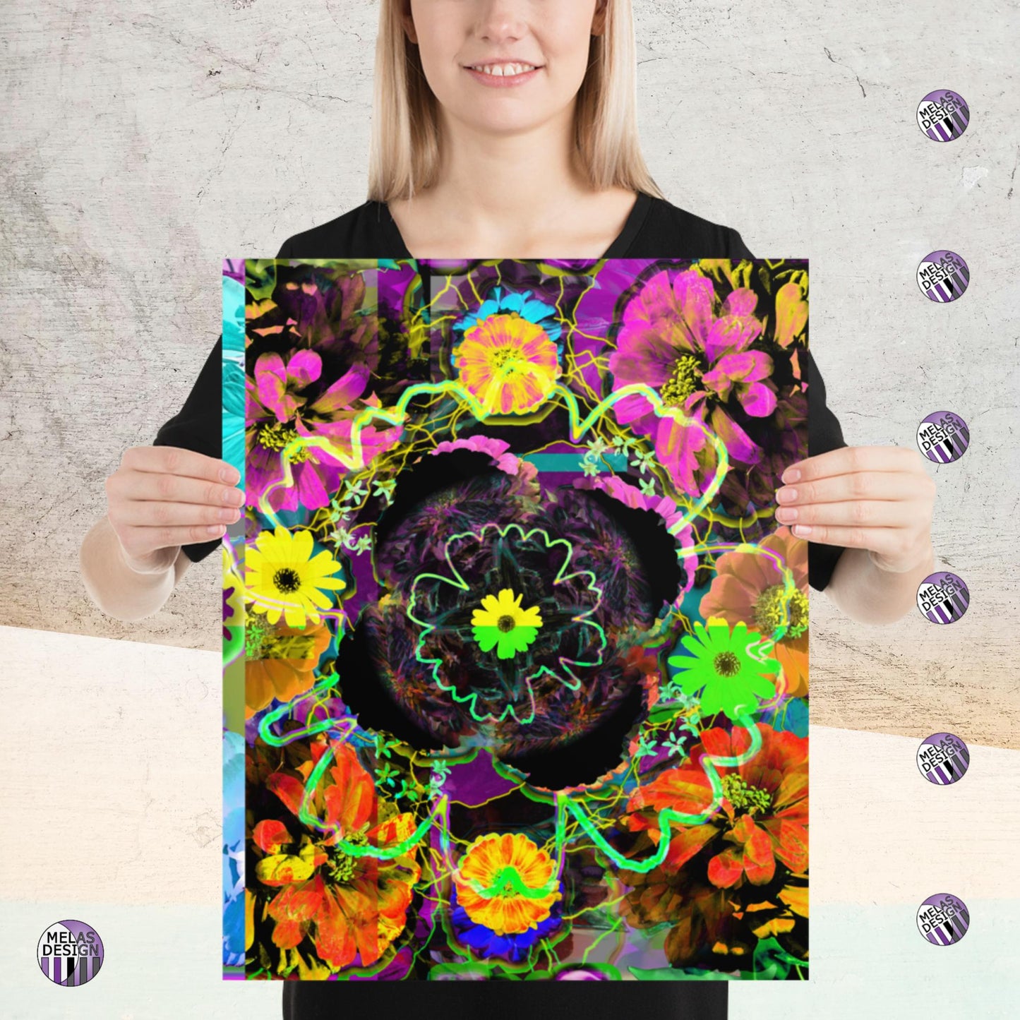 Color Joy Flower Power Abstract Art Print v3; Melasdesign logos and model holding Product mockup; 16x20