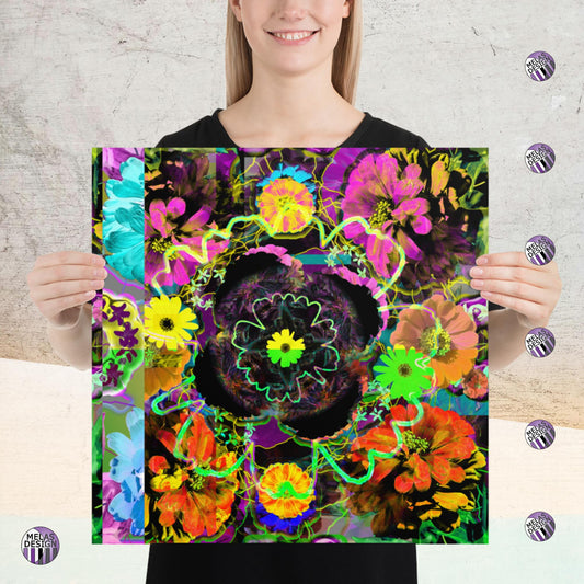 Color Joy Flower Power Abstract Art Print v3; Melasdesign logos and model holding Product mockup; 18x18