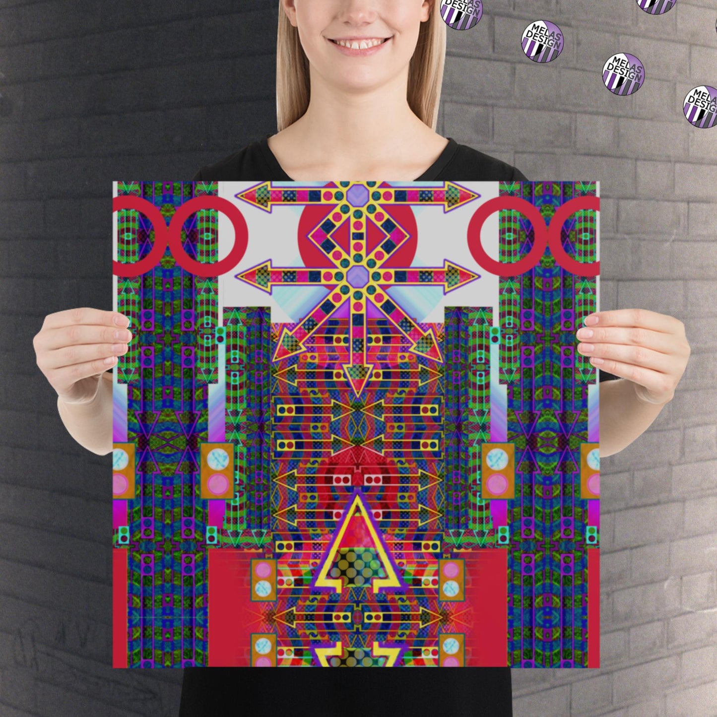 Melas Vegvisir in Complicated Times Art Print; 18x18; Product mockup in front of brick wall backdrop with Melasdesign logos