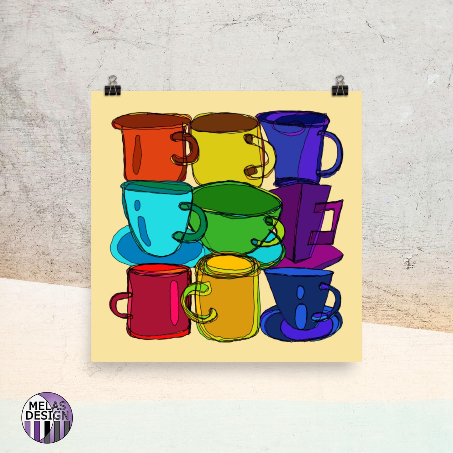Coffee Mugs and Tea Cups Art Print Colorful Kitchen Art