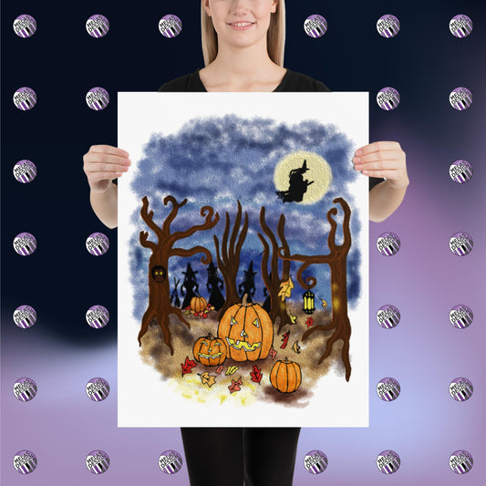 Cute Halloween Coven; Art Print; Illustration; Scary Woods; Melasdesign; sold by artist; 18x24