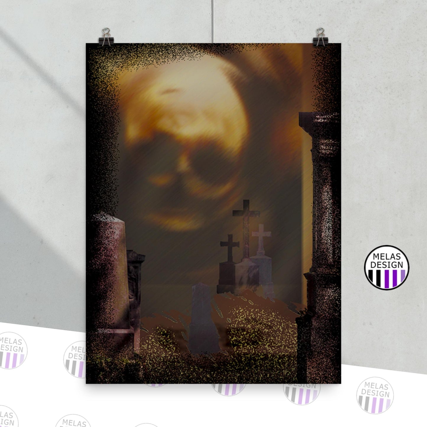 Spooky Gothic Skull Graves Dark Art Print; Susan Hicks; Melasdesign; dark art; digital; art print; Spooky; Halloween; wall art; decor; skull; graves; gothic; horror; macabre; art print for sale