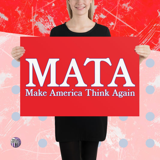 Make America Think Again Poster Seeds of Dissent; 20x30; Product mockup held by model standing in front of red white blue background with Melasdesign logo