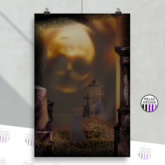 Spooky Gothic Skull Graves Dark Art Print; Susan Hicks; Melasdesign; dark art; digital; art print; Spooky; Halloween; wall art; decor; skull; graves; gothic; horror; macabre