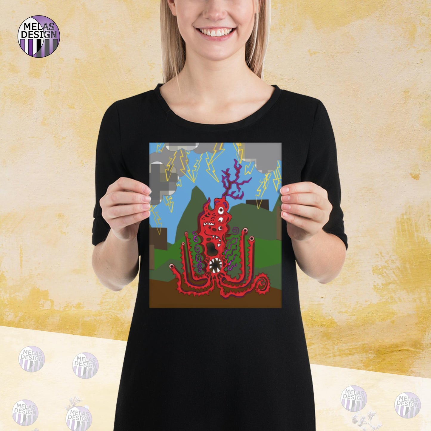 Stormy Red Monster Art Print Cryptid by Mela
