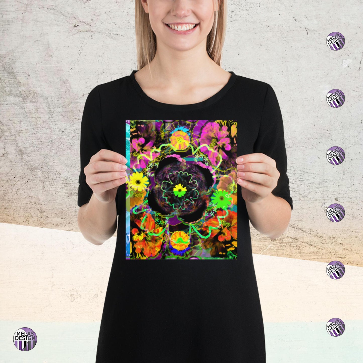 Color Joy Flower Power Abstract Art Print v3; Melasdesign logos and model holding Product mockup; 8x10