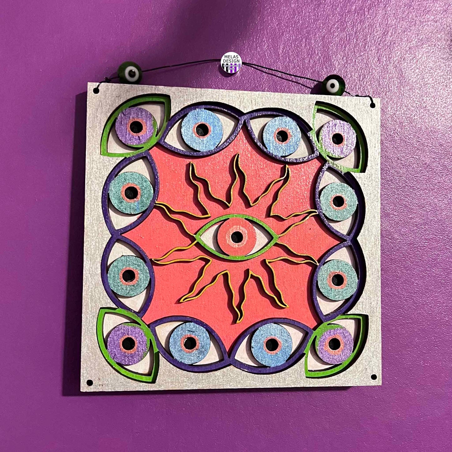 Melas One of a Kind Trippy Witchy Sun and Eyes Metallic Layered Wood Wall Art