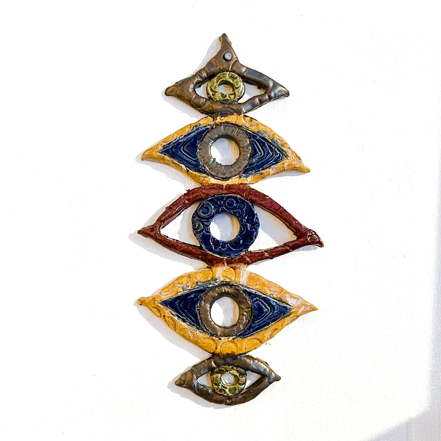 Melas Five High Abstract Eye Ceramic Wall Art; wall art; ceramic; eyes; eye; abstract; Melasdesign Handmade; hanging; Mela's Eye Collection; one of a kind; small business; Thomas WV