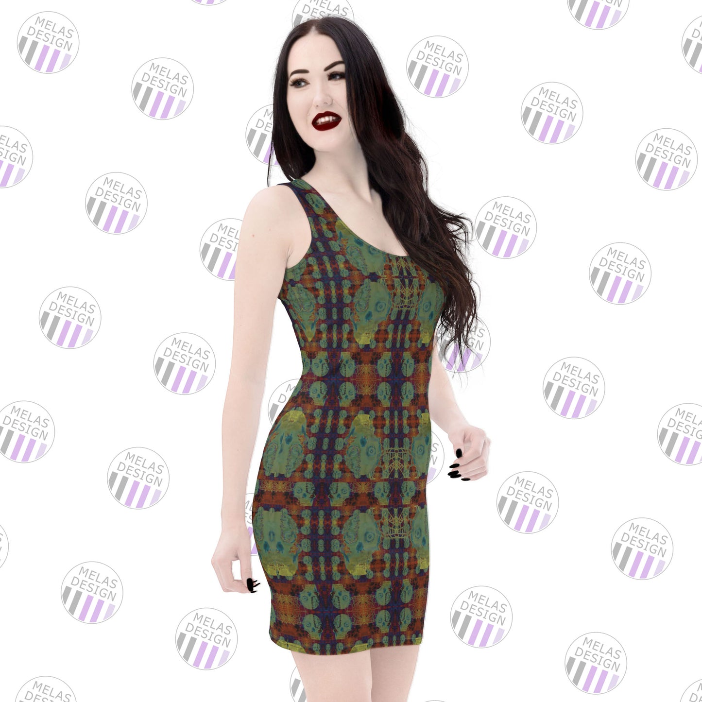 Glowing Skulls Bodycon Dress; gothic; goth; horror; skull pattern; dress; mini; short; sleeveless; Melasdesign; witchy gothic clothes collection