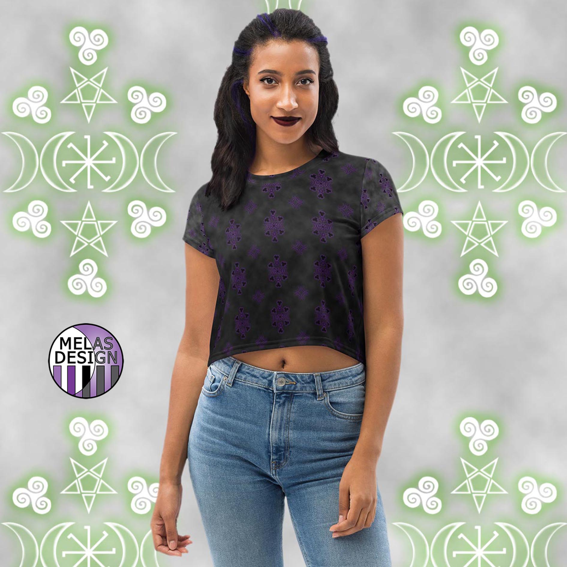 Witchy Ombre Cloudy Crop Tee; Melasdesign; alternative; pagan; gothic; witchy; occult; fashion; top; crop; product mock-up on model facing front with pattern shapes on background