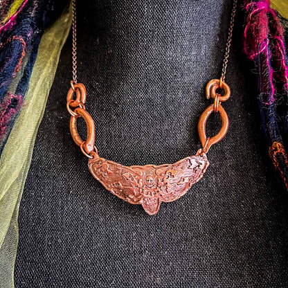 Deaths Head Moth Necklace in Copper; for sale by artist; Melasdesign Handmade; statement necklace; witchy; gothic; one-of-a-kind; Thomas WV; moth; nature; goth; statement; necklace