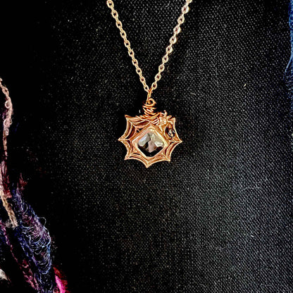 Handmade; Copper; Spider in; Spiderweb Pendant; CZ; cubic zirconia; Black; front top view