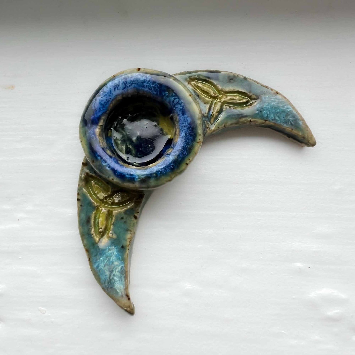 Ceramic Crescent Moon Celtic Knot Incense Holder; cone incense holder; Melasdesign Handmade; blue; pagan; celtic; witchy