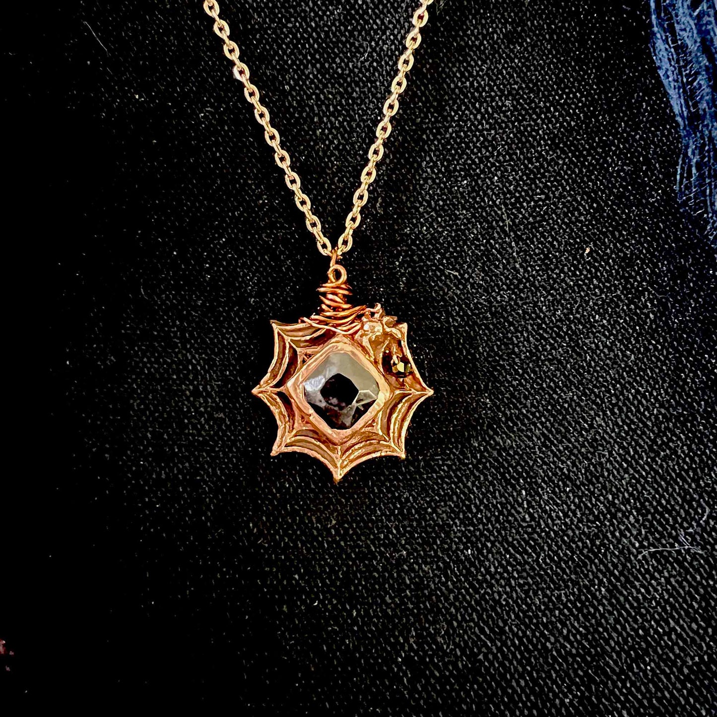 Handmade; Copper; Spider in; Spiderweb Pendant; CZ; cubic zirconia; Black; front close-up