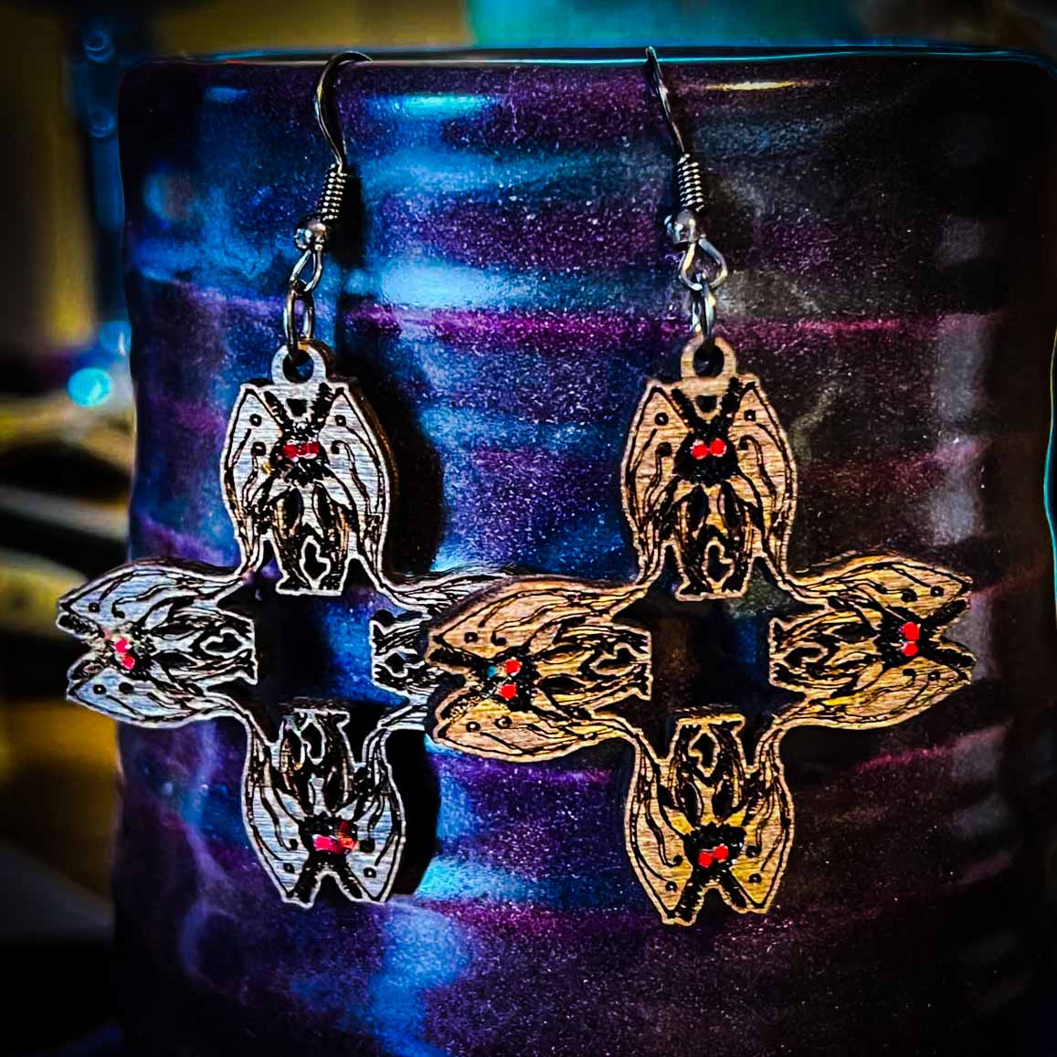 Mothman Cryptid Earrings in Black; mothman pattern earrings; Melasdesign Handmade Darkness; Cryptid Collection; cryptid earrings; Mothman earrings; Mothman jewelry; made in West Virginia