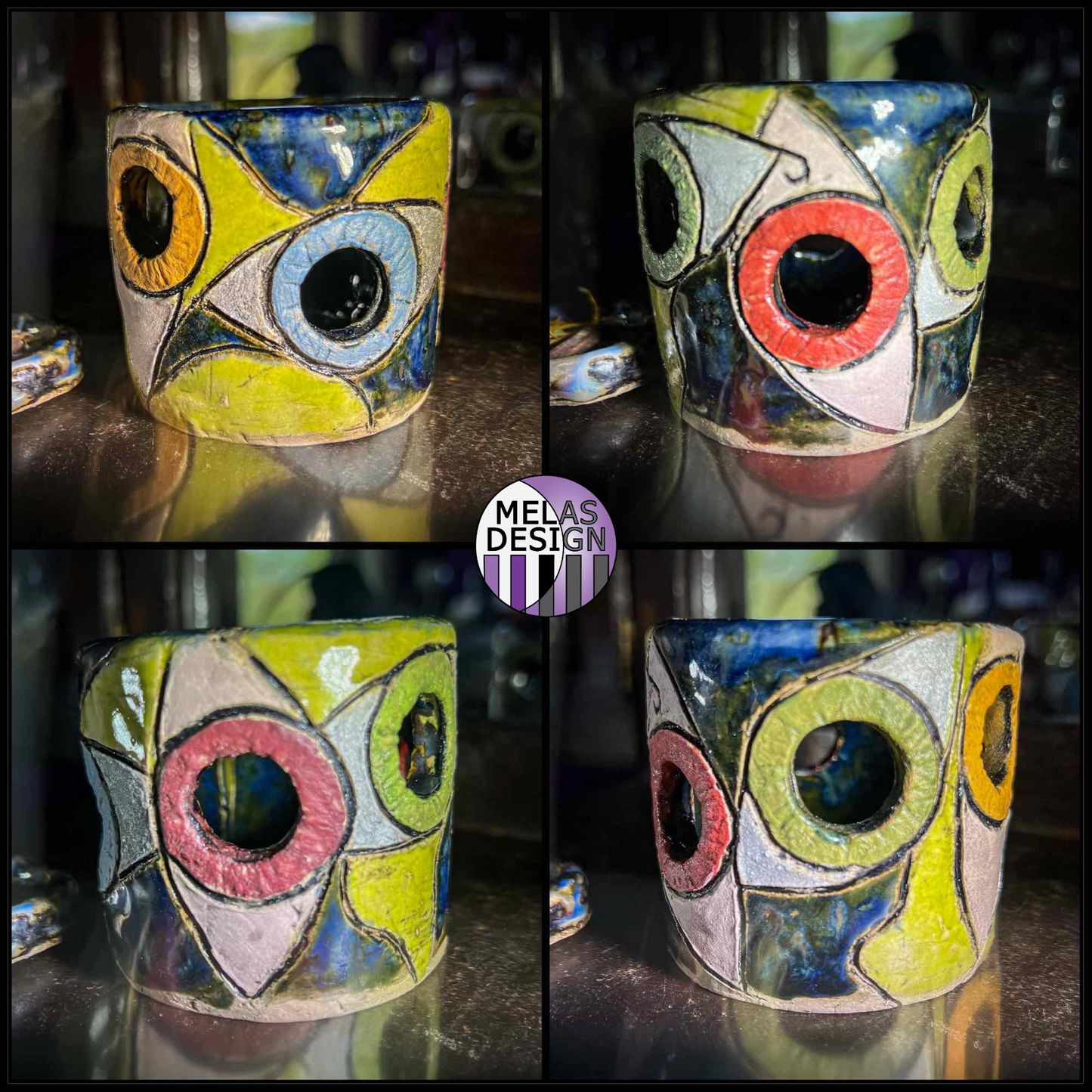 Melas Picasso Eyes Ceramic Candle Holder; Melasdesign Handmade; votive; tea light; candle holder; abstract; eye; art; Thomas WV; 