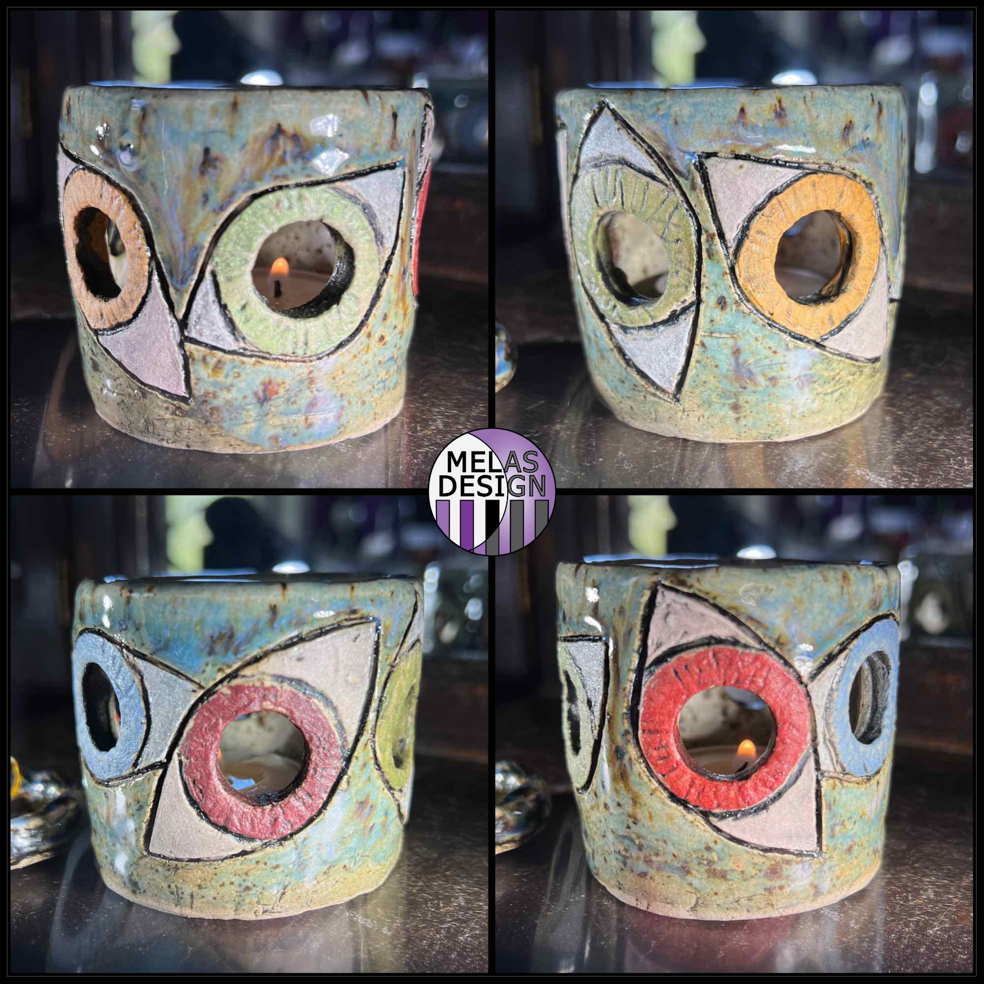 Melas Dreamy Eyes Ceramic Candleholder; votive; tea light; candle holder; eye; eyes; hand-built; blue; green; Melasdesign Handmade; Thomas WV; decor accent; witchy