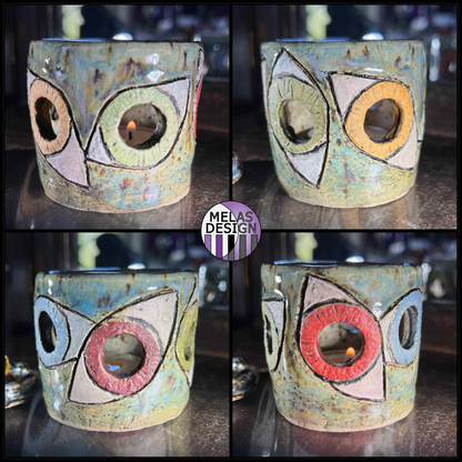 Melas Dreamy Eyes Ceramic Candleholder; votive; tea light; candle holder; eye; eyes; hand-built; blue; green; Melasdesign Handmade; Thomas WV; decor accent; witchy