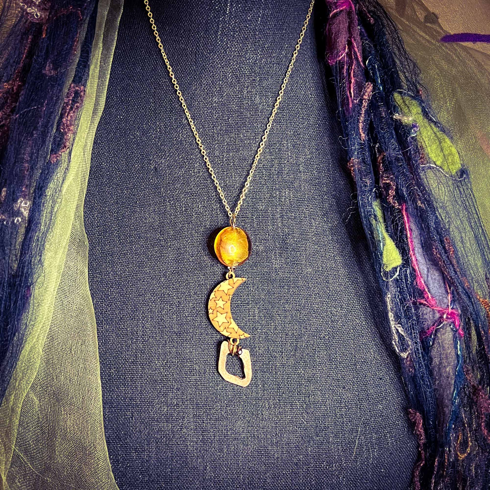 Crescent Moon Necklace with Abstract Pendant; many moons of Mela collection; handmade; jewelry; necklace; moon; witchy; Melasdesign Handmade; Thomas WV