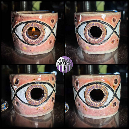 Melas Rosy Eyes Ceramic Candle Holder; Melasdesign Handmade; votive; tea light; candle holder; eye; art; Thomas WV; ceramic; one-of-a-kind; Mela's Eye Collection