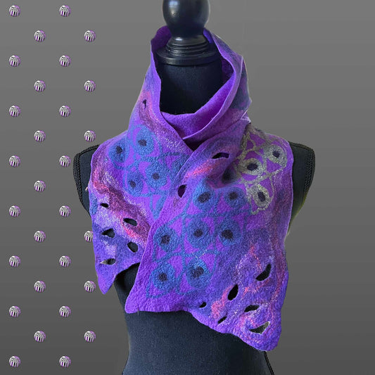 Purple Sky Eyes Scarf; Nuno-felt; Wool; Handmade