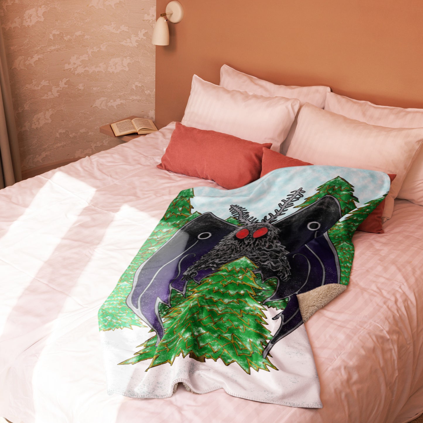 Holiday Cryptid Mothman Sherpa Blanket; on bed