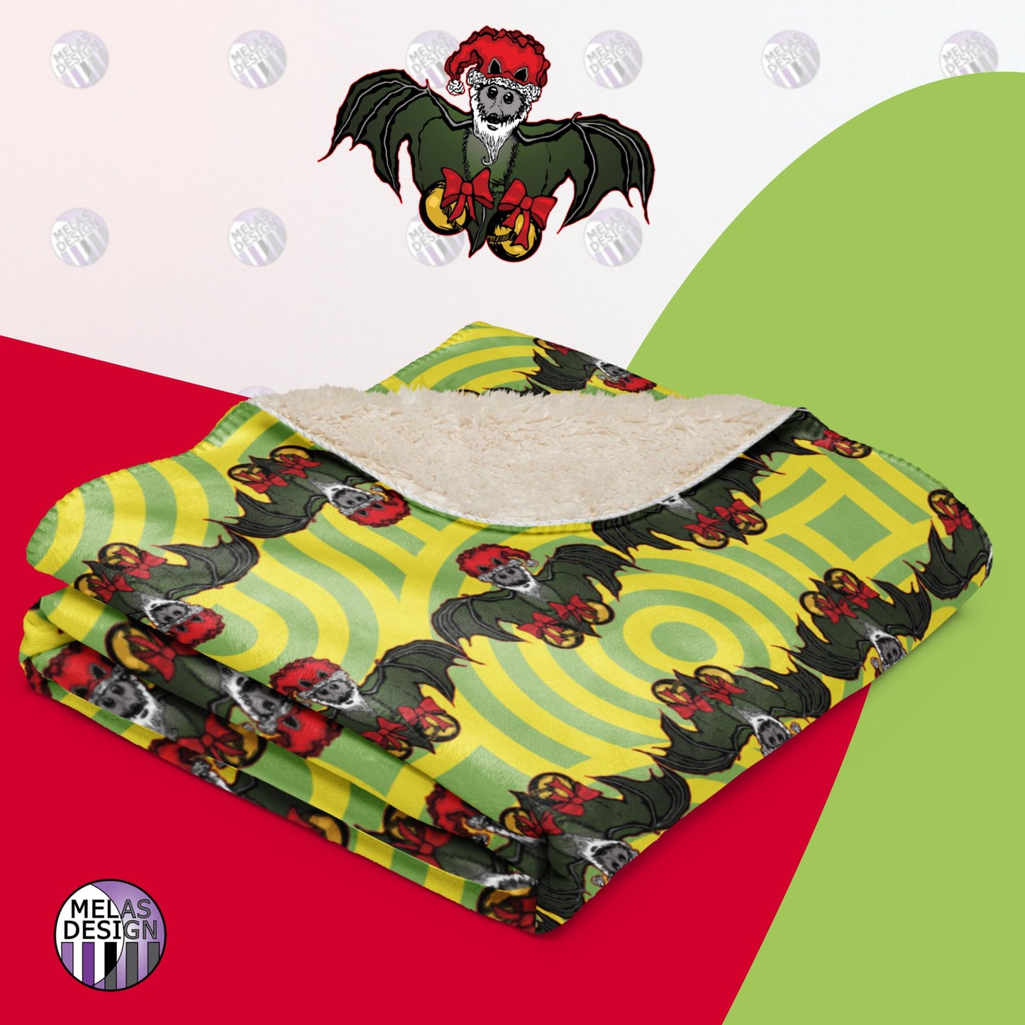 Batty Holidays Santa Bat Sherpa Blanket; folded